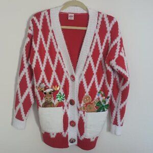 HOLIDAY TIME WOMEN'S CHRISTMAS CARDIGAN REINDEER GINGERBREAD RED SMALL- RUNS BIG